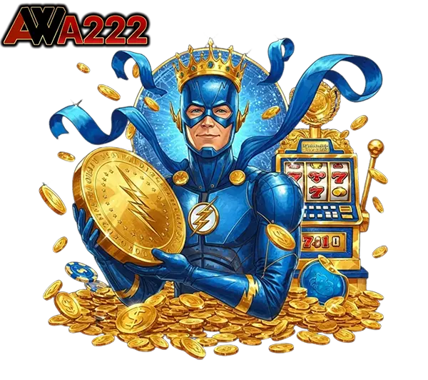 WAW222 เกมสล็อตออนไลน์ ภาพตัวละครฮีโร่สีน้ำเงินพร้อมเหรียญทองและสล็อตแมชชีน ลุ้นโบนัสและแจ็กพอตใหญ่ทุกวัน